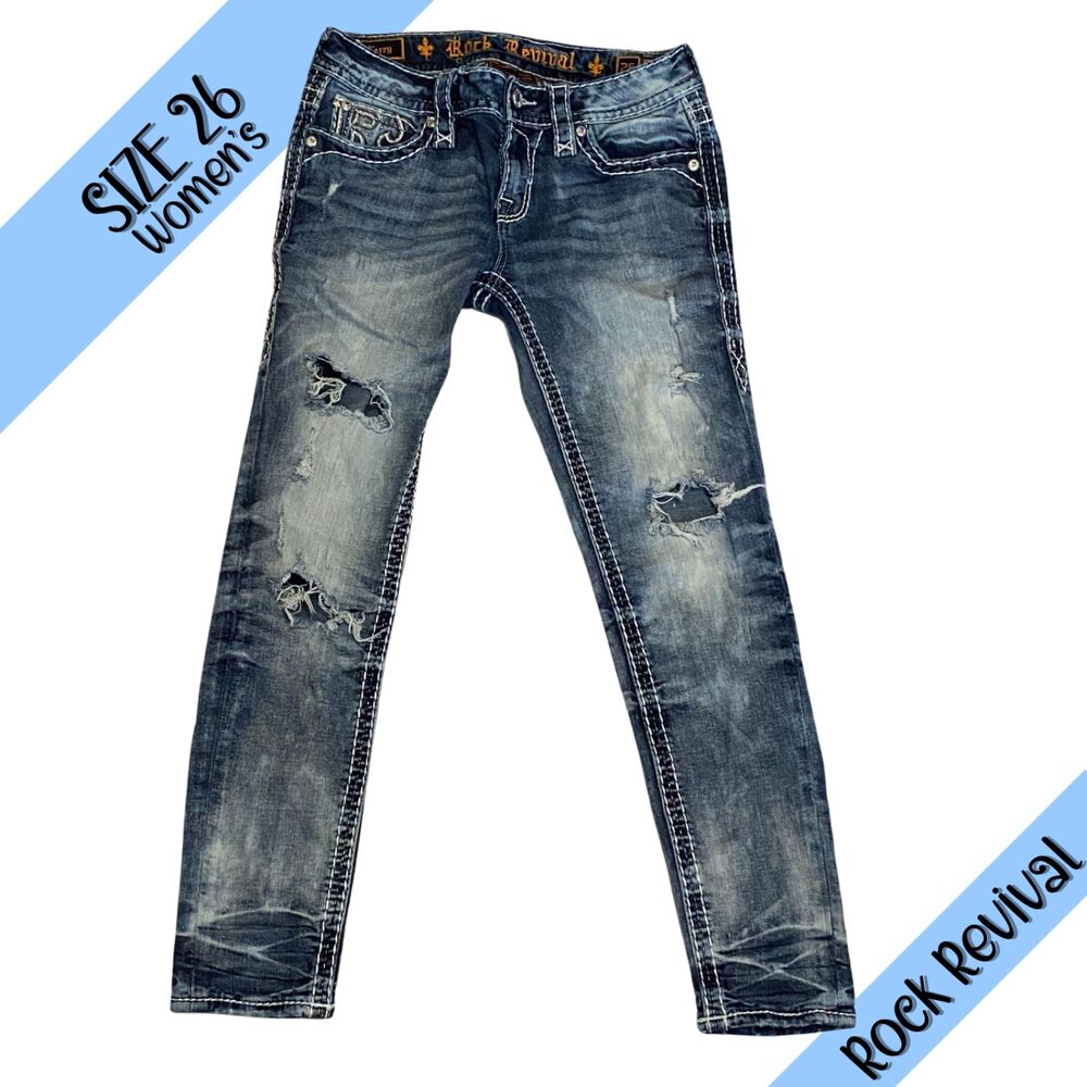 Rock Revival Distressed Ferry Ankle Skinny Jeans Bleach Wash Rhinestone Pockets